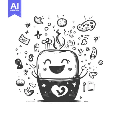 Aset premium populer: A Smiling Cup of Coffee with Doodle Decorations