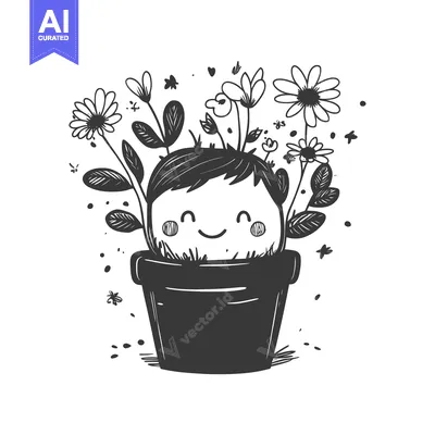 Aset premium populer: A Smiling Face Growing Flowers From Its Head in a Pot