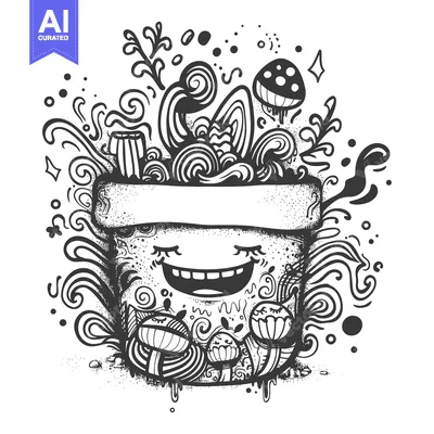 Aset desain premium: A Smiling Flower Pot Surrounded by Whimsical Mushrooms and Swirls