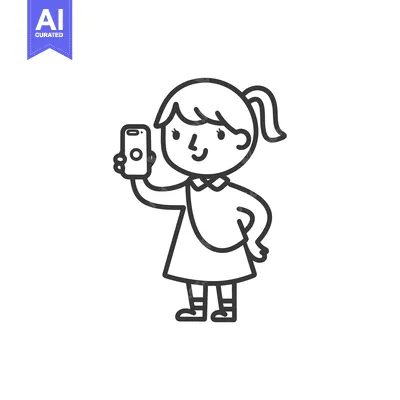 Aset premium populer: A smiling girl holding a smartphone in her right hand