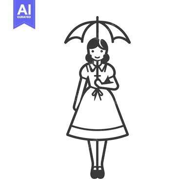 Aset premium populer: A smiling girl in a dress, holding an umbrella