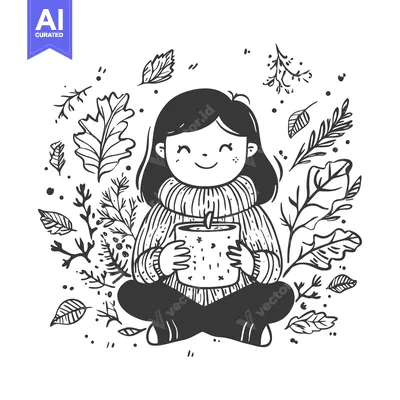 Aset desain premium: A smiling girl in a sweater holding a warm drink surrounded by autumn