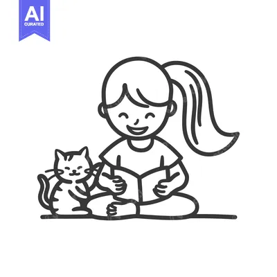 Aset desain premium: A smiling girl reading a book while sitting next to her pet cat