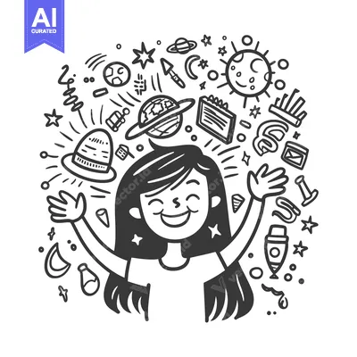 A Smiling Girl Surrounded by Doodle Space Objects