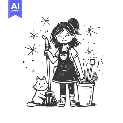 Aset premium populer: A smiling girl with a broom and cat holding cleaning tools