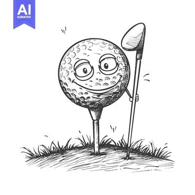 Aset desain premium: A Smiling Golf Ball Holding a Club on a Tee