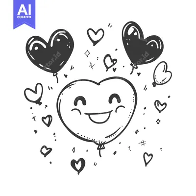 Aset desain premium: A Smiling Heart-Shaped Balloon Surrounded by Smaller Hearts