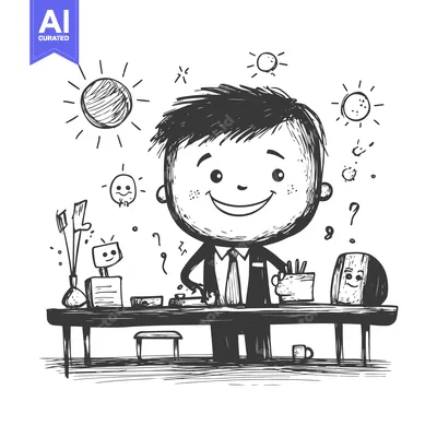 Aset desain premium: A Smiling Man in a Suit Sitting at a Desk with a Robot and a Coffee Cu