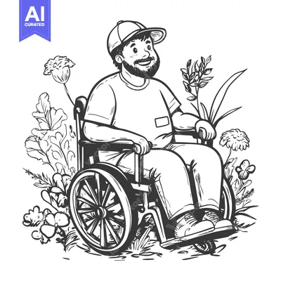 Aset premium populer: A smiling man in a wheelchair surrounded by flowers