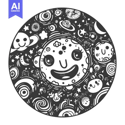 Aset premium populer: A Smiling Moon in a Whimsical Doodle Universe