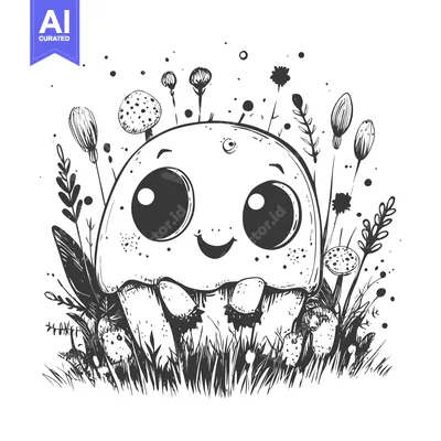 Aset premium populer: A Smiling Mushroom with Big Eyes Surrounded by Grass and Flowers