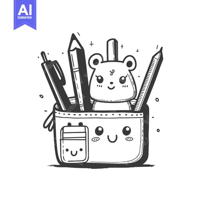 Aset desain premium: A Smiling Pencil Case with a Bear Inside and Stationery Tools