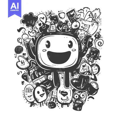 Aset premium populer: A Smiling Square-Shaped Cartoon Character Surrounded by Abstract Shape