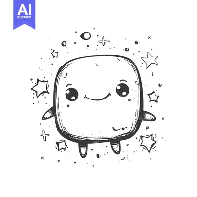 Aset desain premium: A Smiling Square-Shaped Character Surrounded by Stars