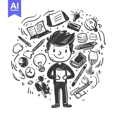 Aset premium populer: A Smiling Student Surrounded by Doodle School Supplies