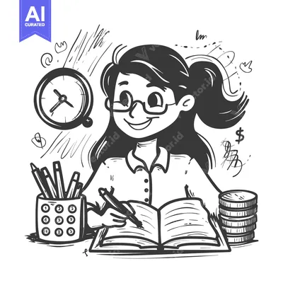 Aset desain premium: A Smiling Woman Writing in a Book with a Pencil, Clock, Pencils, and C