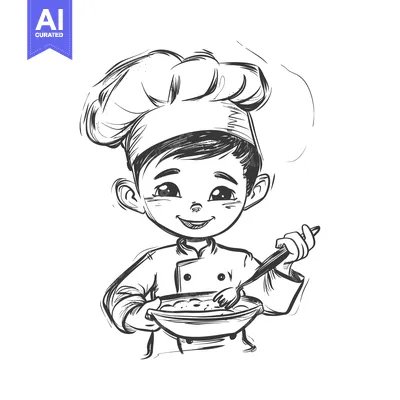 Popular premium asset: A smiling young chef in a tall hat stirring a pot with a wooden spoon