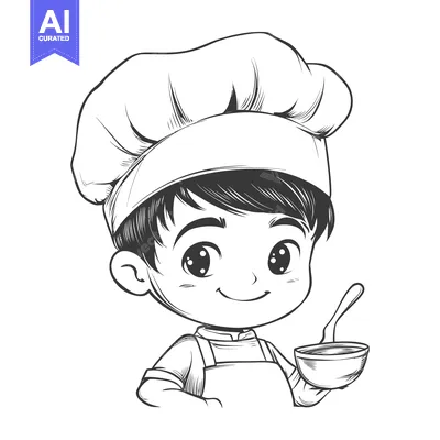 Aset premium populer: A smiling young chef with a bowl and spoon in hand