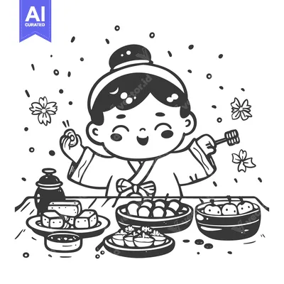 Popular premium asset: A Smiling Young Girl in Traditional Korean Hanbok Enjoying a Feast of