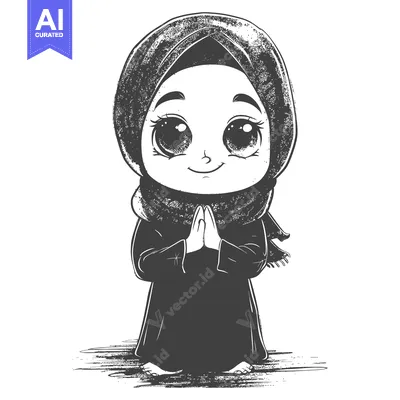 Aset desain premium: A Smiling Young Girl Wearing a Hijab with Her Hands Clasped in Prayer