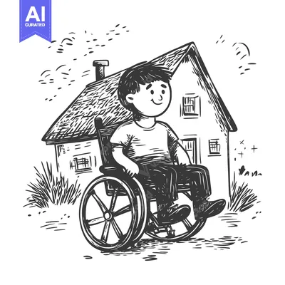 Popular premium asset: A smiling young man in a wheelchair, looking towards a simple house.
