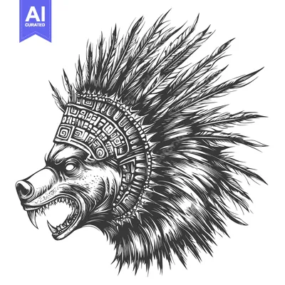 Aset desain premium: A snarling wolf head adorned with feathers and tribal headdress