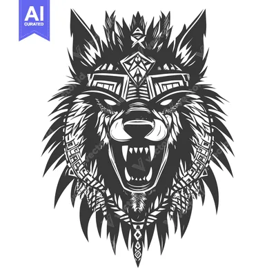 Aset premium populer: A snarling wolf head with intricate tribal patterns