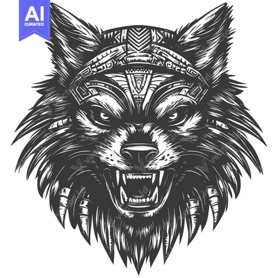 Premium design asset: A snarling wolf's head wearing an ornate tribal headdress
