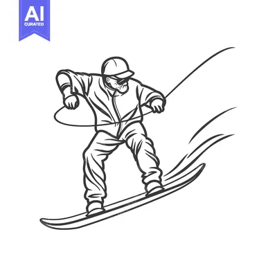 Premium design asset: A snowboarder in mid-air, carving a turn while holding a ski pole