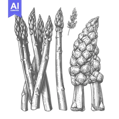 Aset premium populer: Asparagus sprigs are illustrated in a black and white engraving