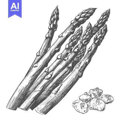 Aset premium populer: Fresh asparagus spears in grayscale vector illustration against a whit