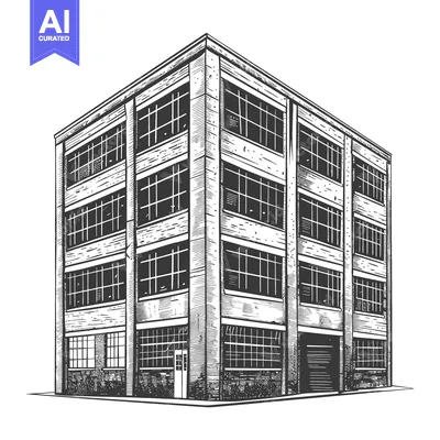 Aset premium populer: Industrial building with many windows and a garage door