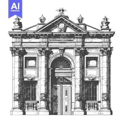 Aset desain premium: A detailed illustration depicts a classical stone building with pillar