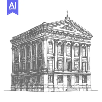 Aset desain premium: A detailed grayscale drawing of a neoclassical building