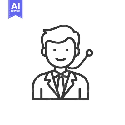 Aset desain premium: Minimalist Icon: Smiling Man with Headset, Business Attire, Line Art
