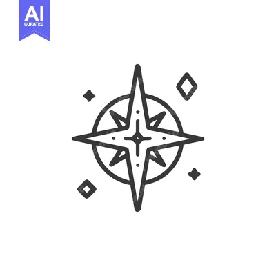 Aset desain premium: Minimalist Compass Rose Icon with Stars and Diamonds on White Backgrou