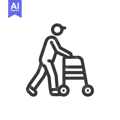 Aset premium populer: Minimalist Icon: Elderly Person Using Walker for Mobility Assistance
