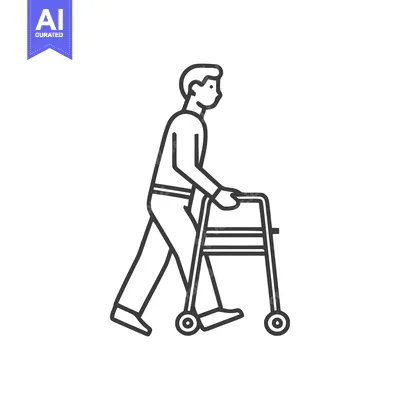 Aset desain premium: Minimalist Line Art: Man Walking with Walker for Mobility Assistance