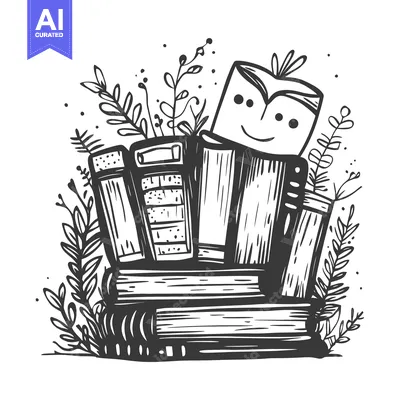 Aset desain premium: A Stack of Books with a Smiling Book on Top Surrounded by Foliage