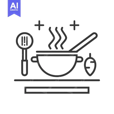 Aset desain premium: A steaming pot of soup on a stovetop with a ladle and a peppercorn