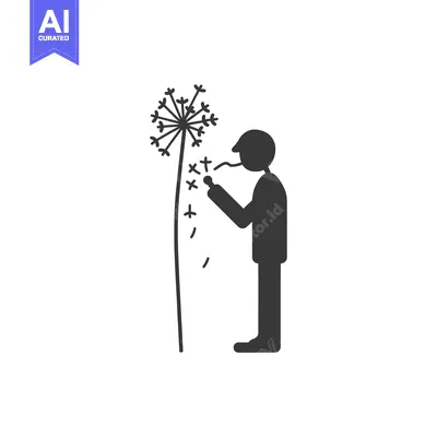 Premium design asset: A stick figure blowing on a dandelion with seeds flying away
