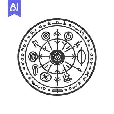 Aset desain premium: A Circular Graphic Depicting Mystical Symbols and Geometric Lines