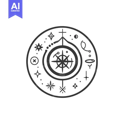 Aset desain premium: Detailed black and white circular design with various celestial symbol