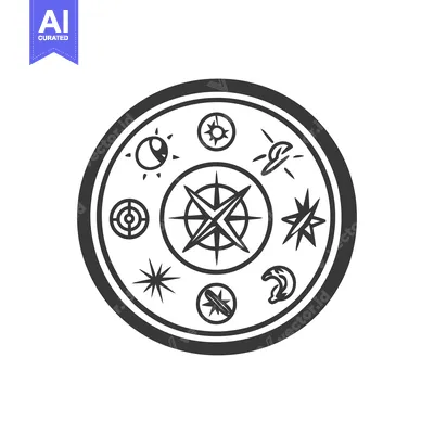 Aset desain premium: A circular image with celestial and geometric symbol designs