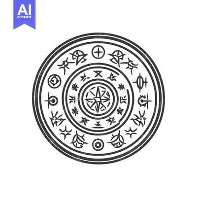 Aset desain premium: A circular design containing multiple symbols and shapes is depicted