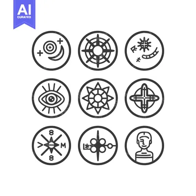 Aset desain premium: Black and white circular icons depicting mystical and esoteric symbols