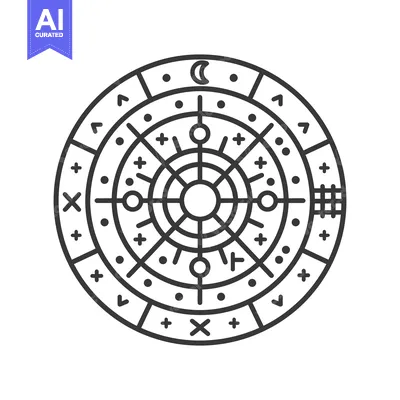 Aset premium populer: A detailed circular geometric design with various symbol elements