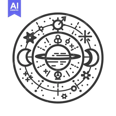 A circular illustration depicts celestial bodies and astrological symb