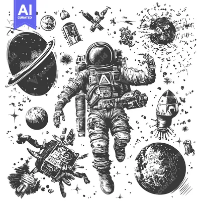 Aset premium populer: Astronaut Floating in Space Surrounded by Planets, Stars, and Spacecra