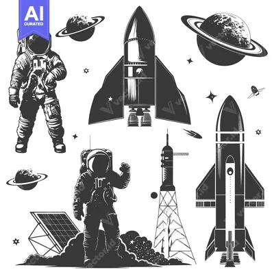 Aset desain premium: Astronauts, Spacecraft, and Planets in a Monochromatic Composition